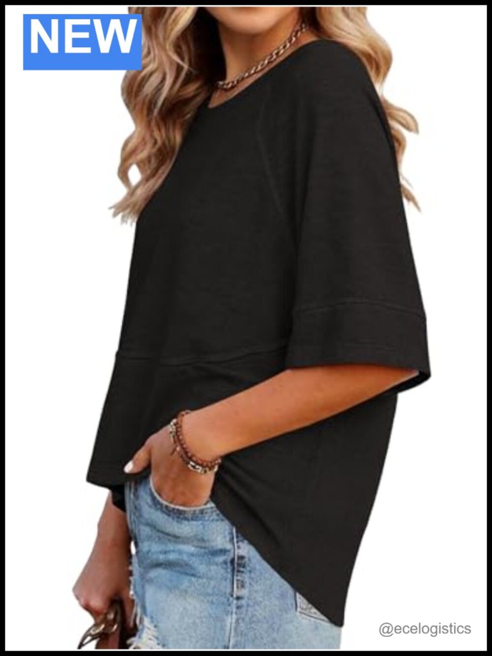Women Crew Neck Batwing Half Sleeve Tee Loose Fit Oversize Top - Picture 2 of 4